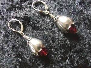 Vintage Silver Artisan Tulip & Garnet Crystal Bead Drop 925 Stamped Earrings